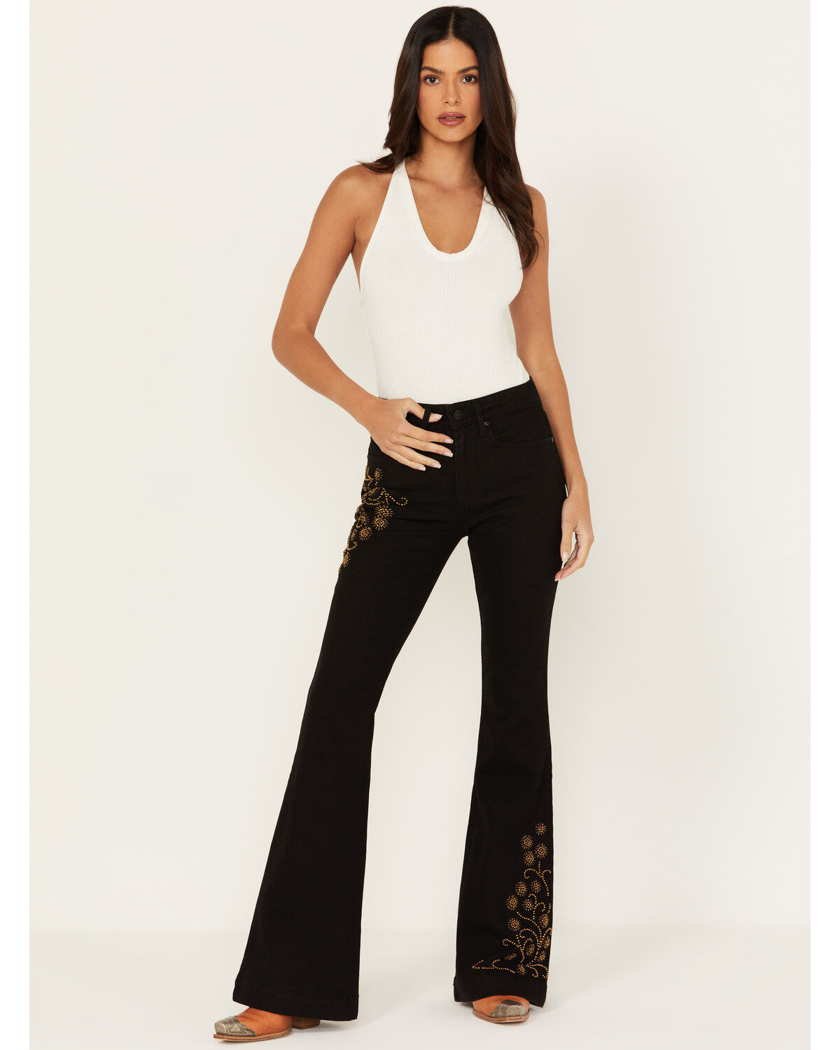 Image #1 - Shyanne Women's Sand Palm High Rise Embellished Flare Jeans, Black, hi-res