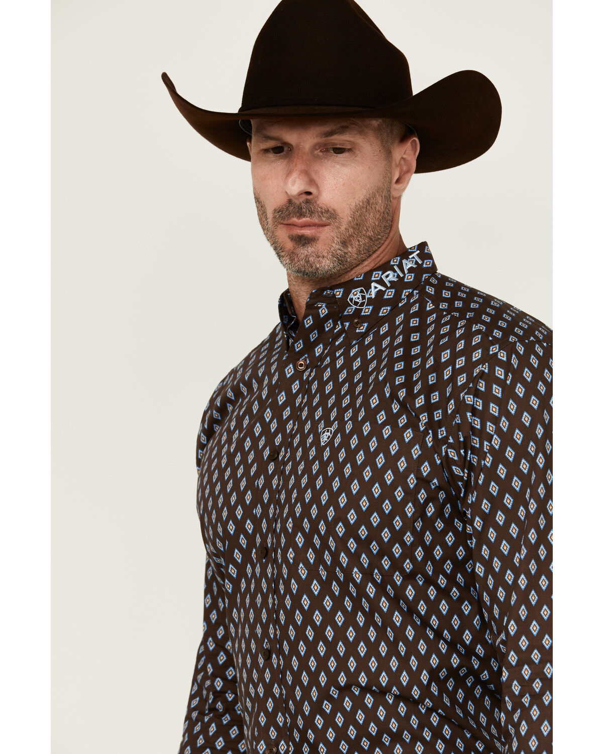 Image #2 - Ariat Men's Team Geo Print Long Sleeve Button-Down Western Shirt, Brown, hi-res