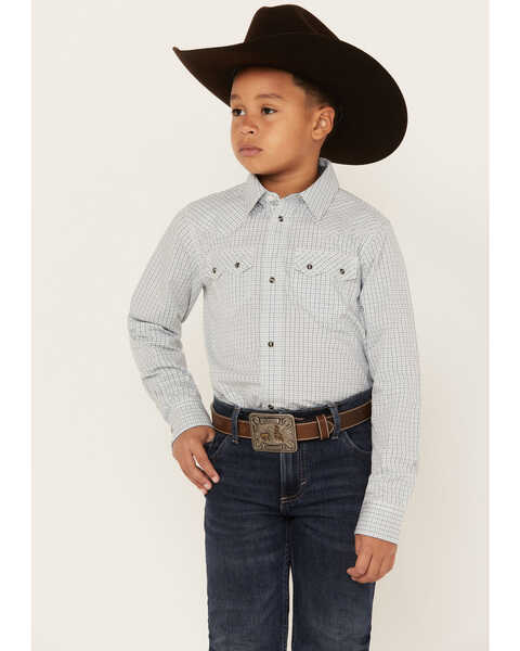 Cody James Boys' Hoof Grid Print Long Sleeve Snap Western Shirt, Sage, hi-res