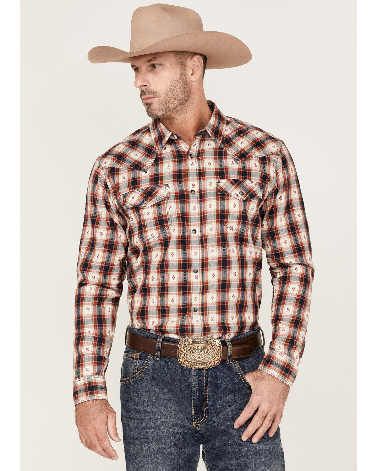Image #1 - Moonshine Spirit Men's Apache Dobby Plaid Long Sleeve Snap Western Shirt, Cream, hi-res