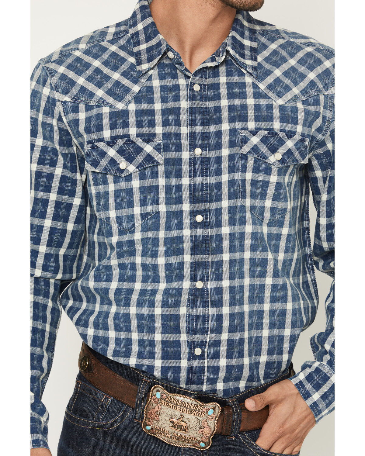 Image #3 - Cody James Men's Conaway Denim Plaid Print Long Sleeve Snap Western Shirt, Blue, hi-res