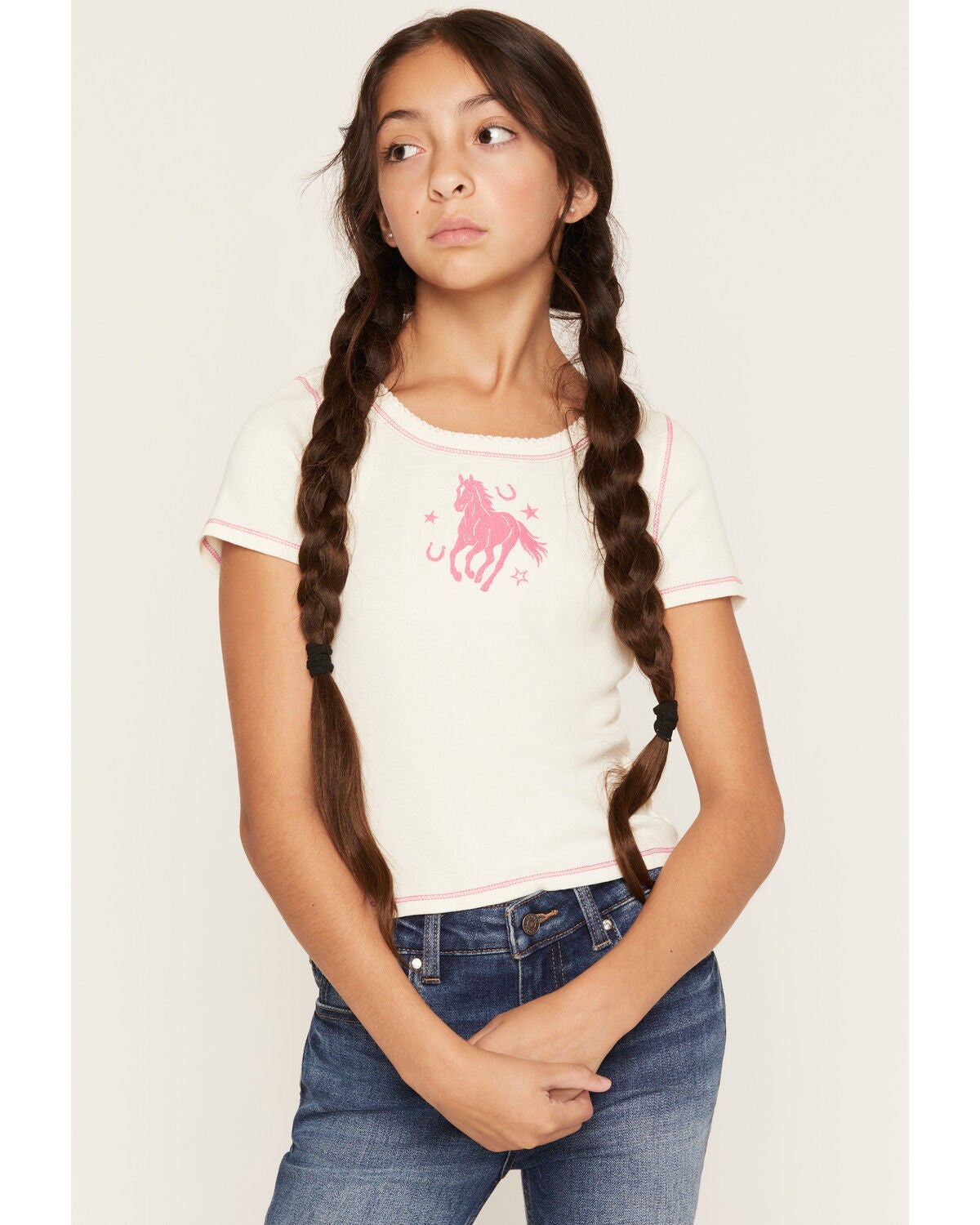 Image #1 - Self Esteem Girls Horse Embroidered Short Sleeve Tee, Off White, hi-res