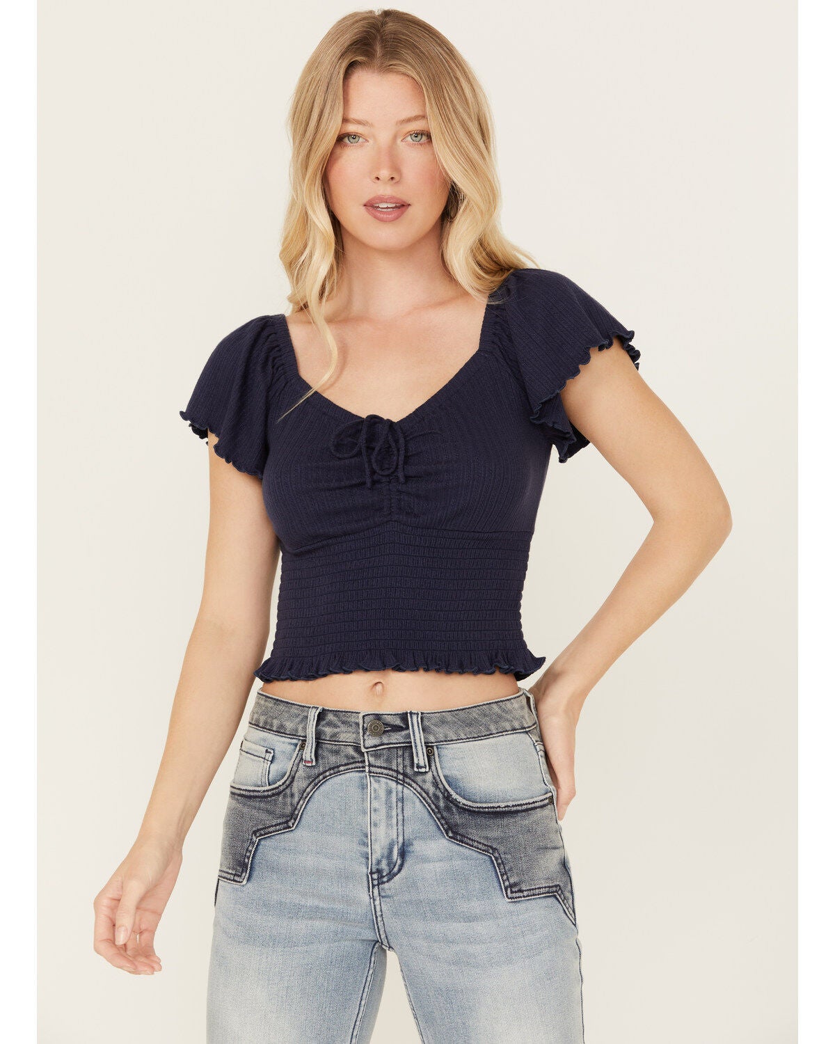 Idyllwind Women's Pointe Flutter Sleeve Smocked Top, Steel Blue, hi-res