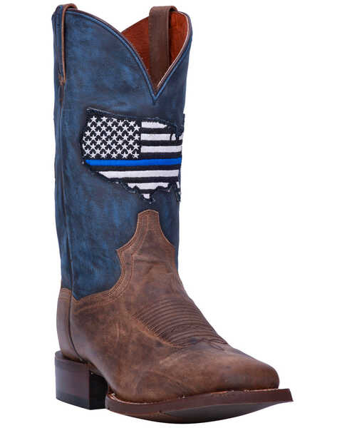 Dan Post Men's Thin Blue Line Flag Patch Cowboy Boots - Square Toe, Brown, hi-res