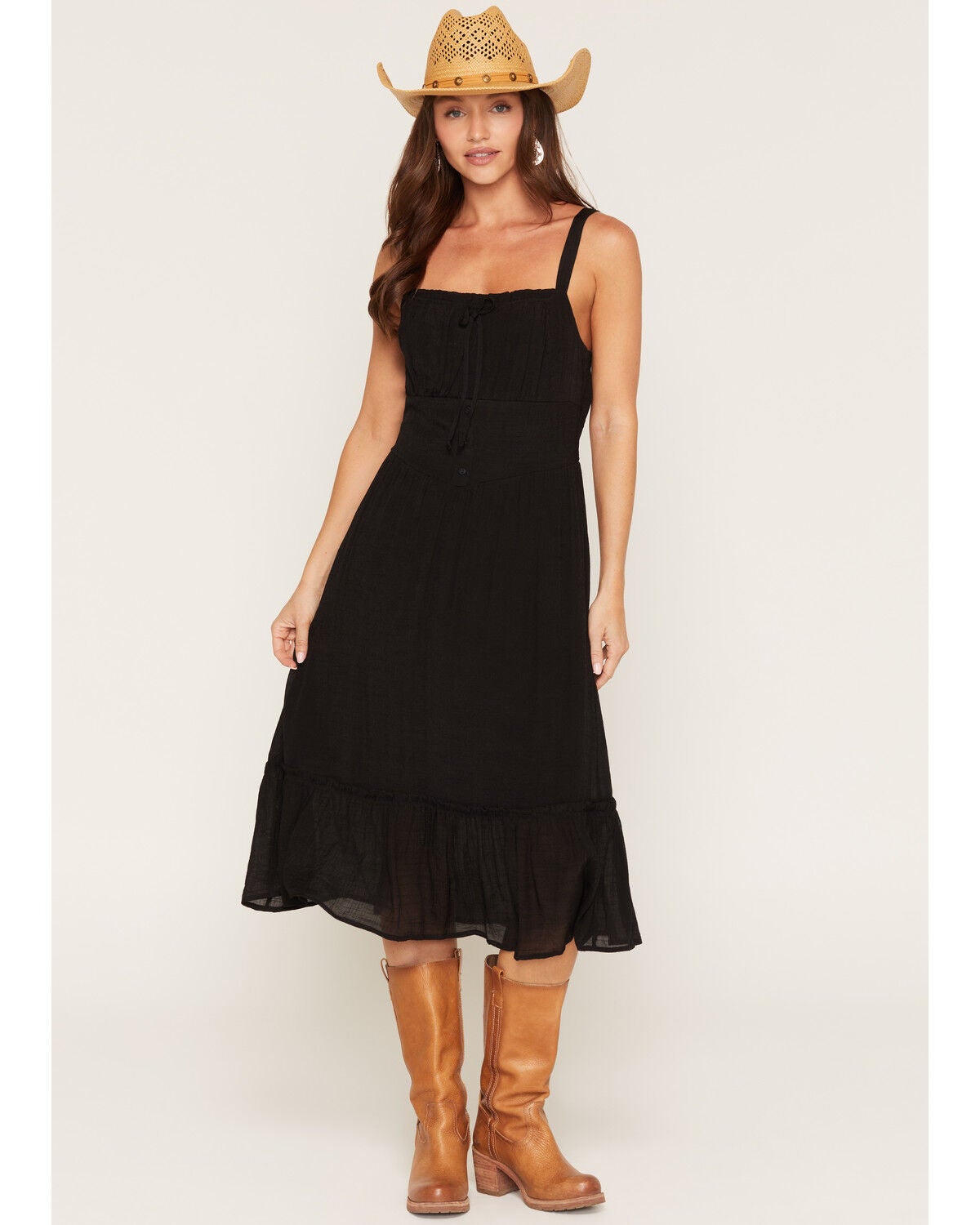 June & Hudson Women's Corset Button-Down Sleeveless Midi Dress, Black, hi-res