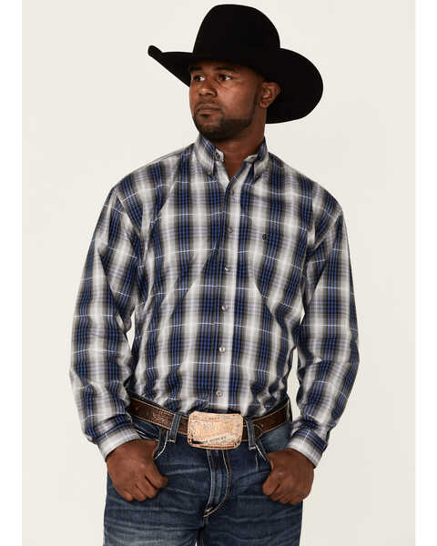 Stetson Men's Checkered Ombre Plaid Long Sleeve Button-Down Western Shirt , Blue, hi-res