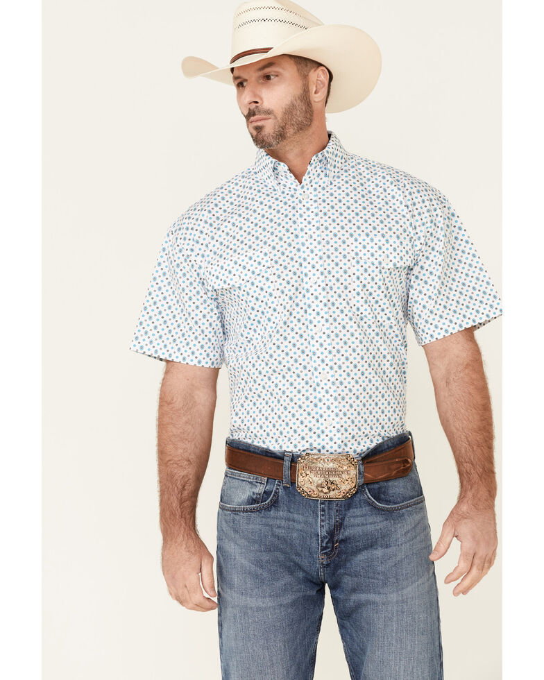 Panhandle Select Men's White Floral Geo Print Short Sleeve Button-Down Western Shirt , Blue, hi-res