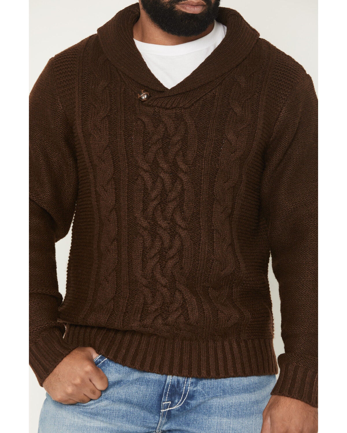 Image #3 - Cotton & Rye Men's Boot Barn Exclusive Solid Cable Knit Sweater, Dark Brown, hi-res