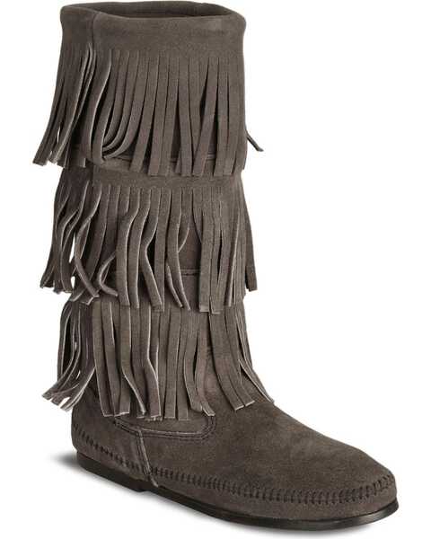 Minnetonka Women's Three Layer Fringe Boots, Grey, hi-res