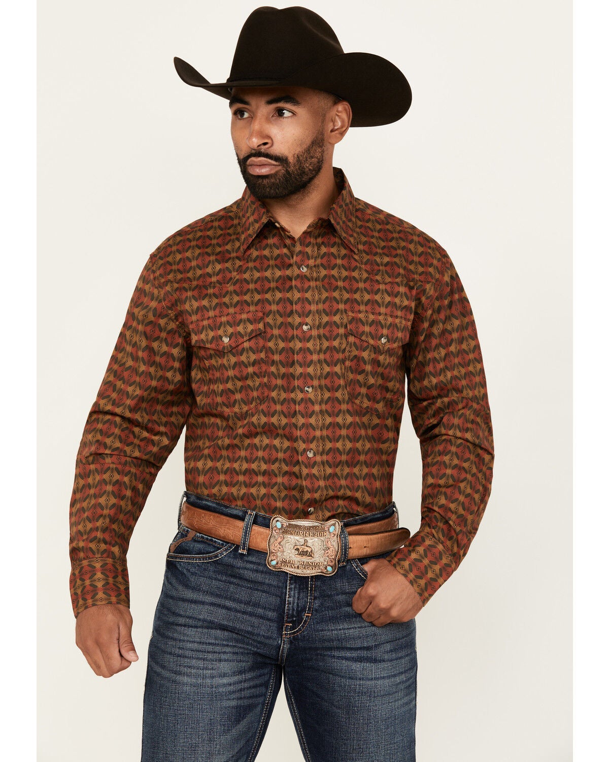 Wrangler 20X Men's Geo Print Long Sleeve Snap Stretch Western Shirt, Brown, hi-res