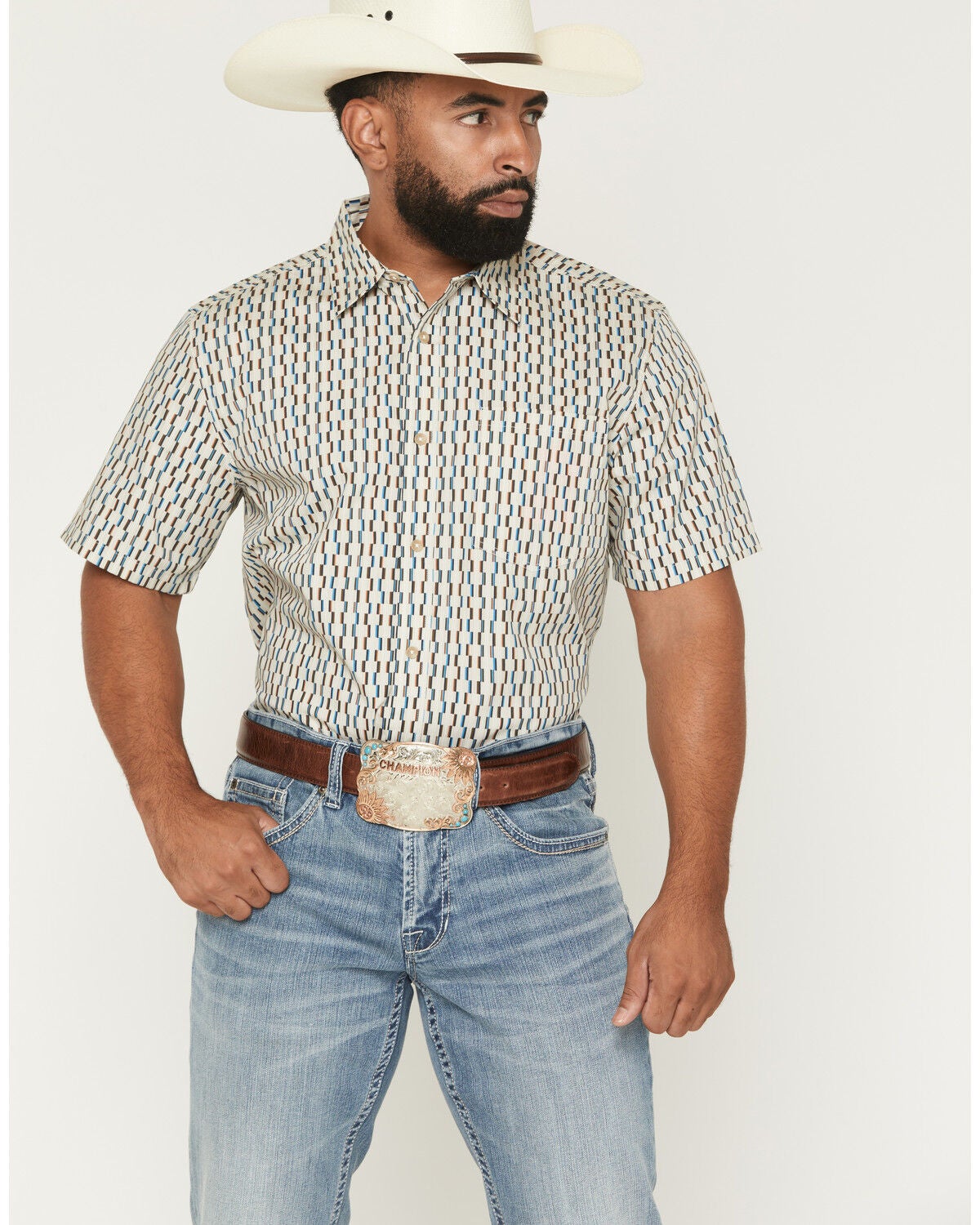Image #1 - Gibson Trading Co Men's Boxer Geo Print Short Sleeve Button-Down Western Shirt, Cream, hi-res