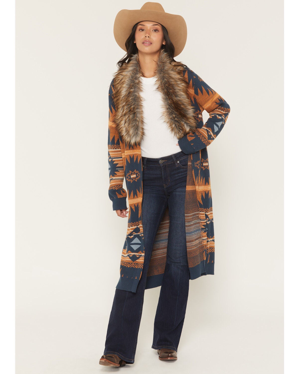 Image #1 - Panhandle Slim Women's Fur Southwestern Print Cardigan, Navy, hi-res