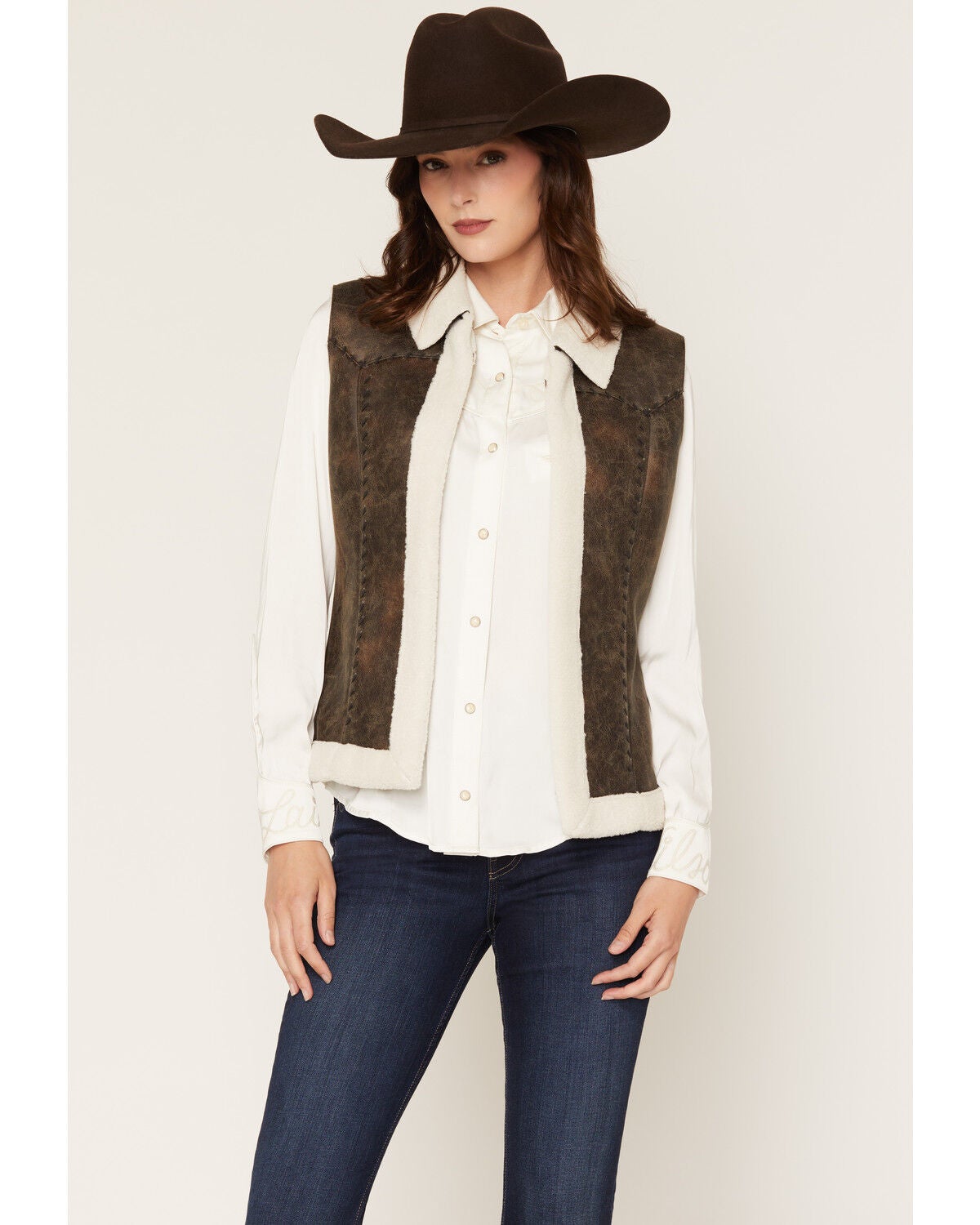 Image #1 - Cripple Creek Women's Faux Suede Shearling Vest, Dark Brown, hi-res