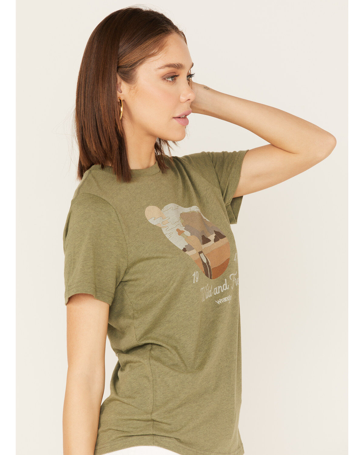 Image #2 - Wrangler Women's Boot Barn Exclusive Wild & Free Desert Scene Logo Short Sleeve Graphic Tee, Green, hi-res