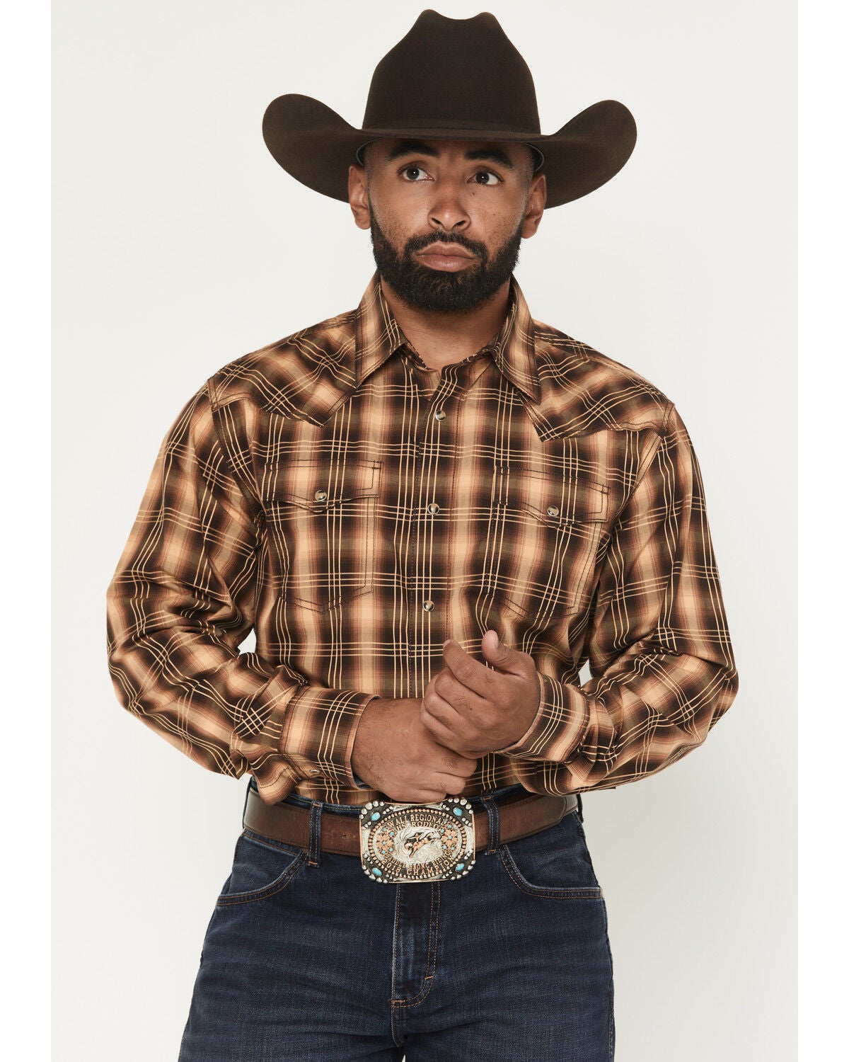Wrangler Retro Men's Premium Plaid Print Long Sleeve Snap Western Shirt, Brown, hi-res