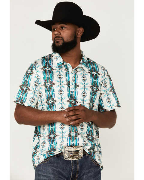 Panhandle Men's Performance Southwestern Print Short Sleeve Polo Shirt , Teal, hi-res