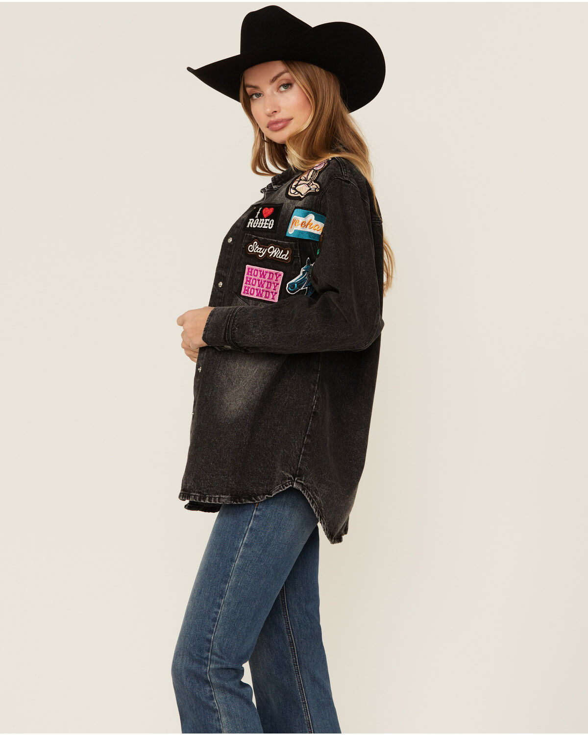 Image #2 - Blue B Women's Dark Wash Western Patchwork Snap Shacket, Charcoal, hi-res
