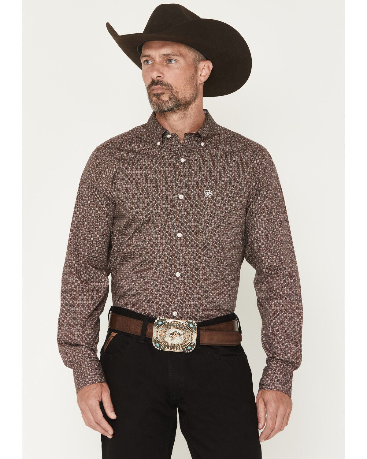 Ariat Men's Wrinkle Free Geo Print Fitted Long Sleeve Button-Down Western Shirt, Brown, hi-res