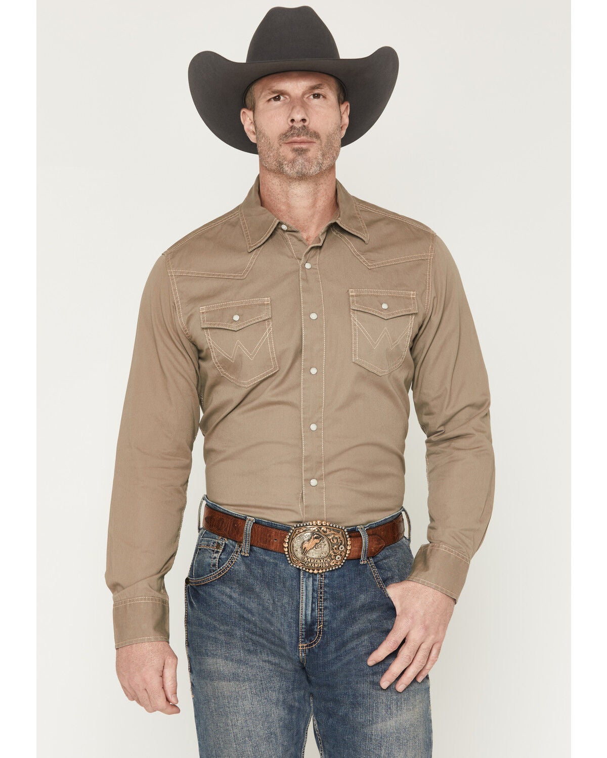 Wrangler Retro Men's Premium Solid Long Sleeve Snap Western Shirt, Taupe, hi-res