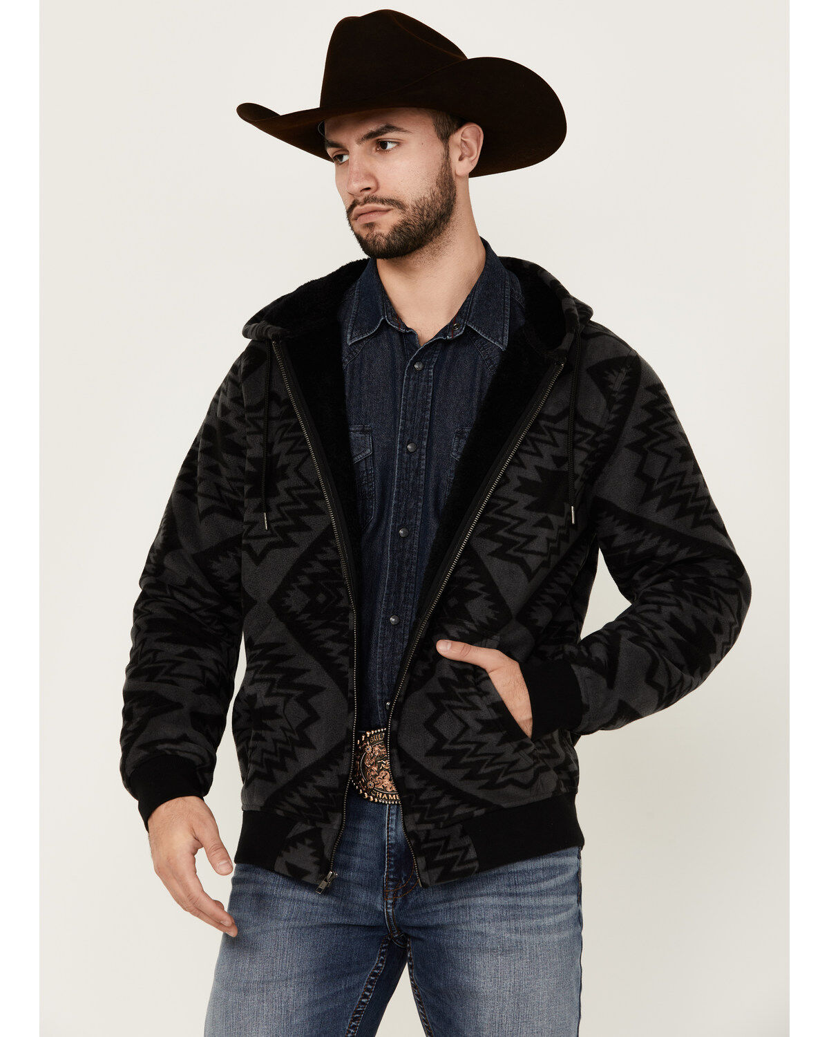 Image #1 - Cody James Men's Basin Southwestern Print Fleece Hooded Jacket, Charcoal, hi-res