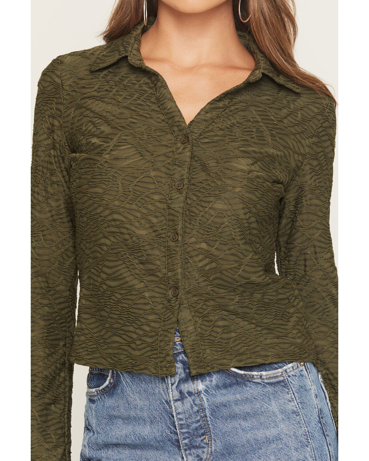 Image #3 - Panhandle Women's Jacquard Collared Top, Olive, hi-res