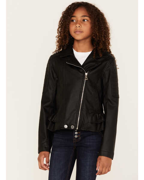 Urban Republic Little Girls' Quilted Faux Leather Ruffle Moto Jacket, Black, hi-res