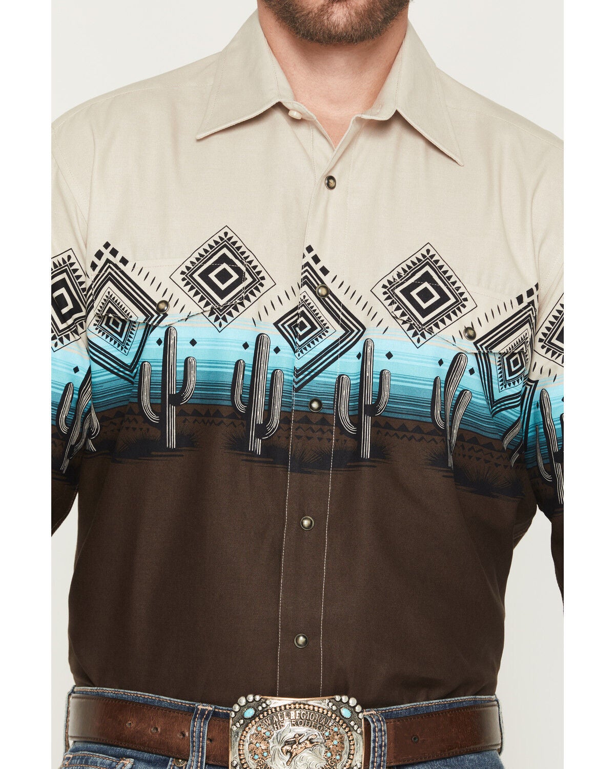Image #3 - Panhandle Slim Men's Southwestern Cactus Border Long Sleeve Snap Western Shirt, Dark Brown, hi-res