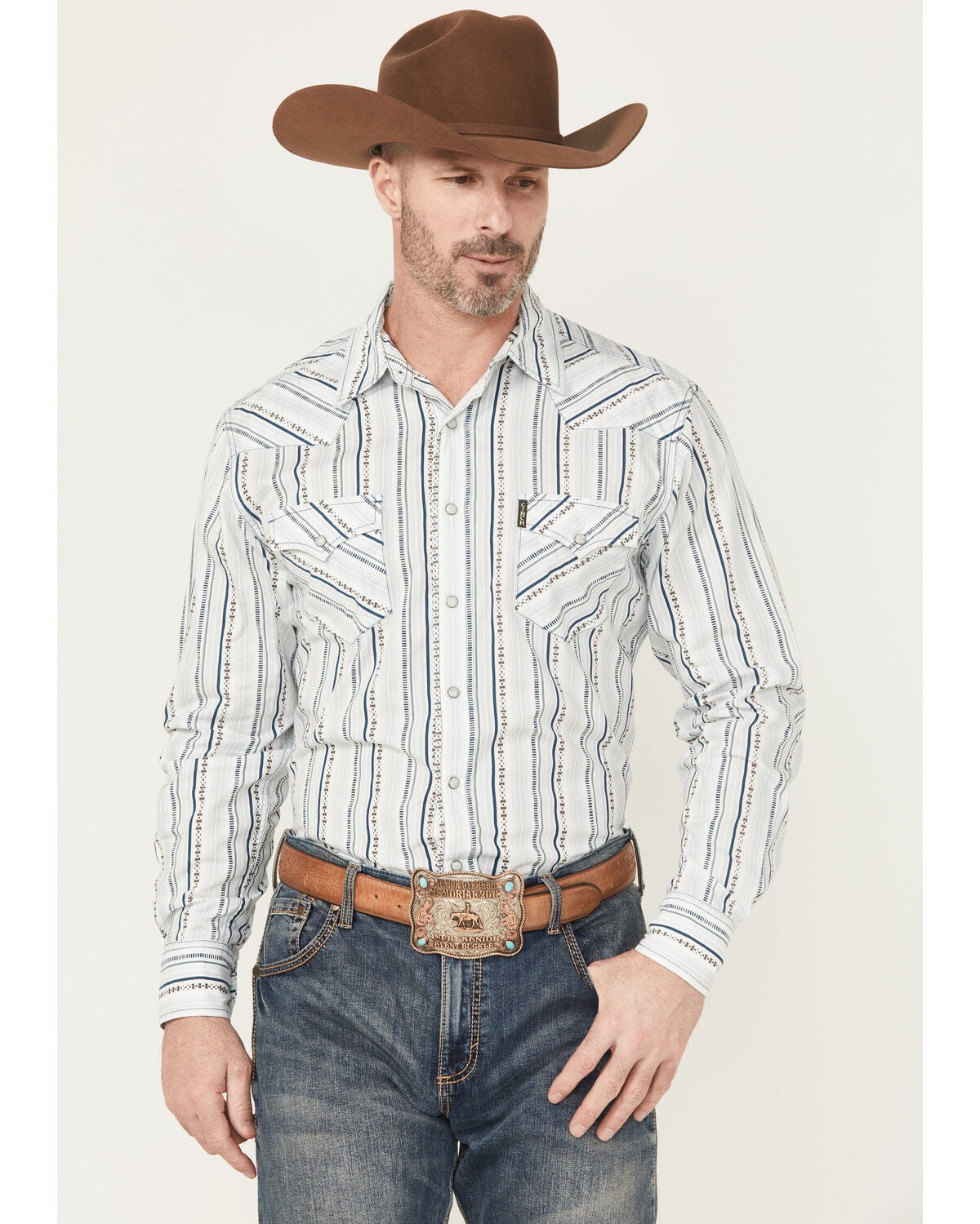 Cinch Men's Striped Print Modern Fit Long Sleeve Snap Western Shirt, White, hi-res