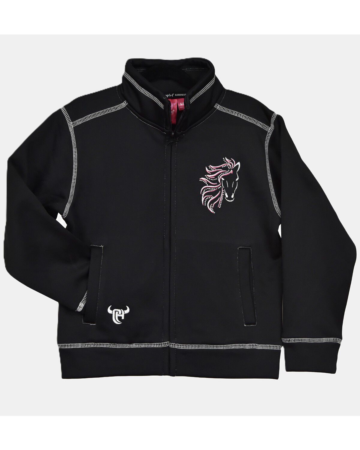Image #1 - Cowgirl Hardware Girls' Horse Embroidered Softshell Jacket, Black, hi-res