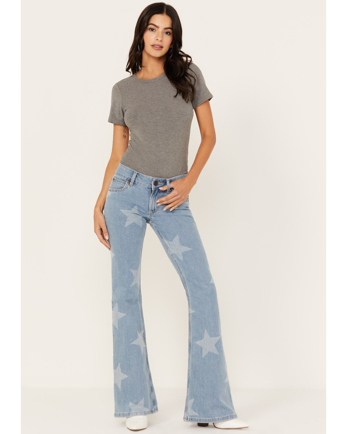 Image #1 - Wrangler Retro Women's Light Wash Mid Rise Star Print Mae Flare Jeans, , hi-res