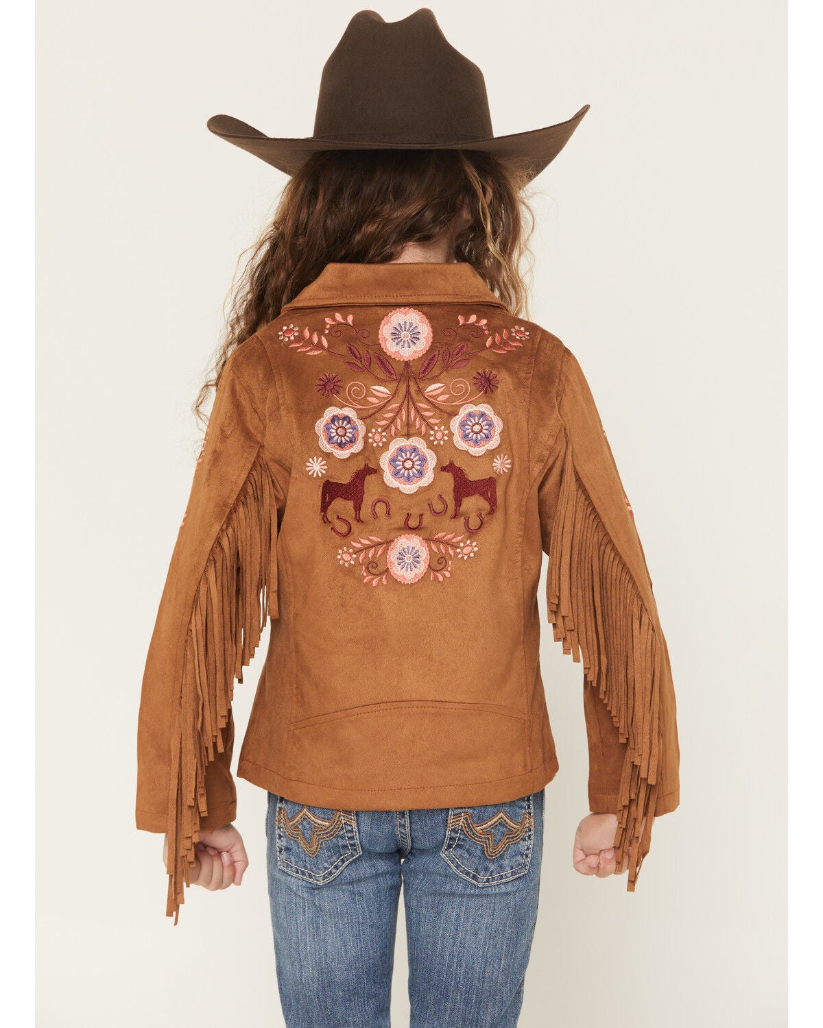 Fornia Girls' Horse Embroidered Fringe Jacket, Camel, hi-res