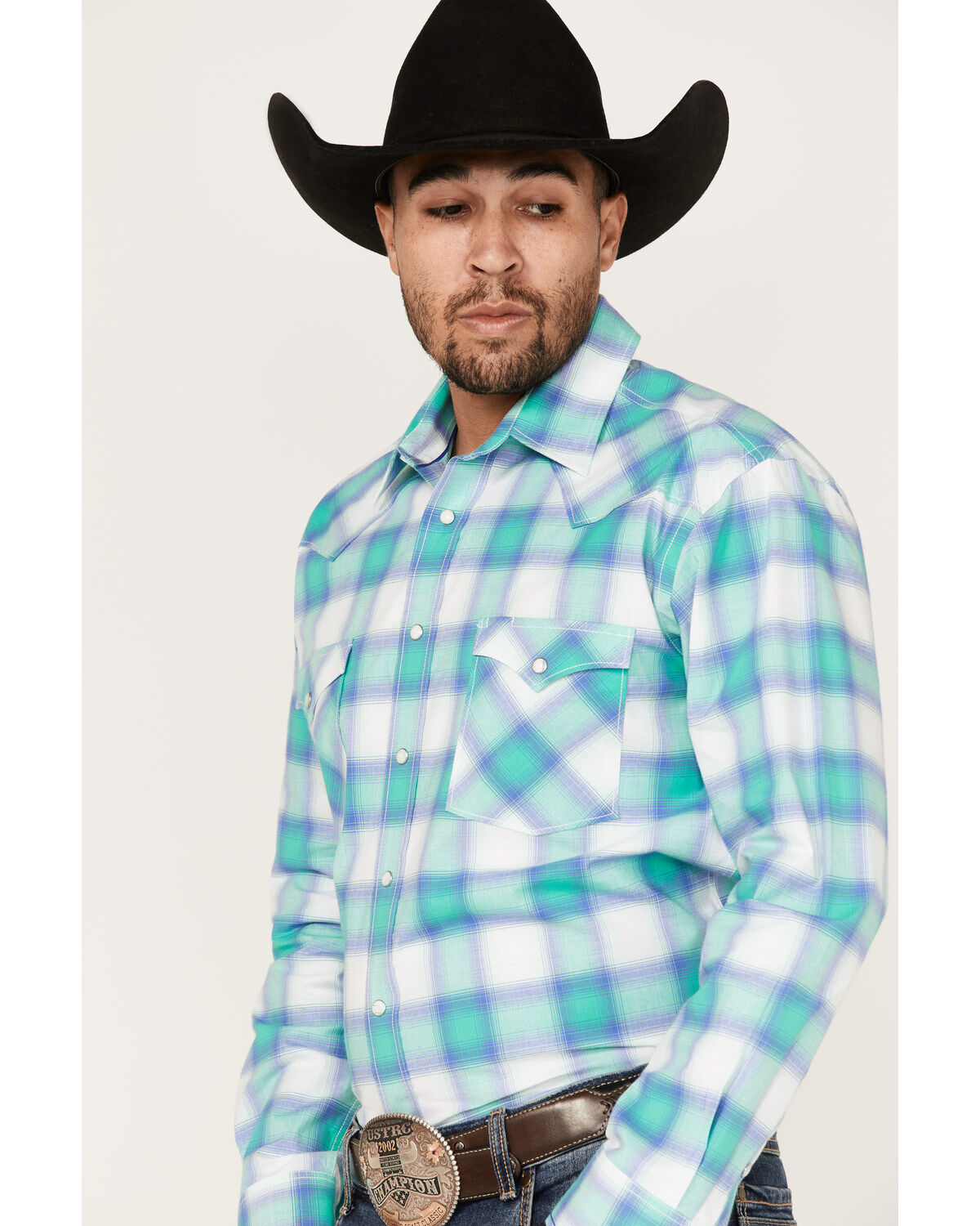 Image #2 - Rough Stock By Panhandle Men's Stretch Ombre Plaid Long Sleeve Pearl Snap Western Shirt, Aqua, hi-res