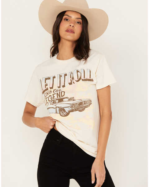 Image #1 - Youth in Revolt Women's Let It Roll Muscle Short Sleeve Graphic Tee, Off White, hi-res