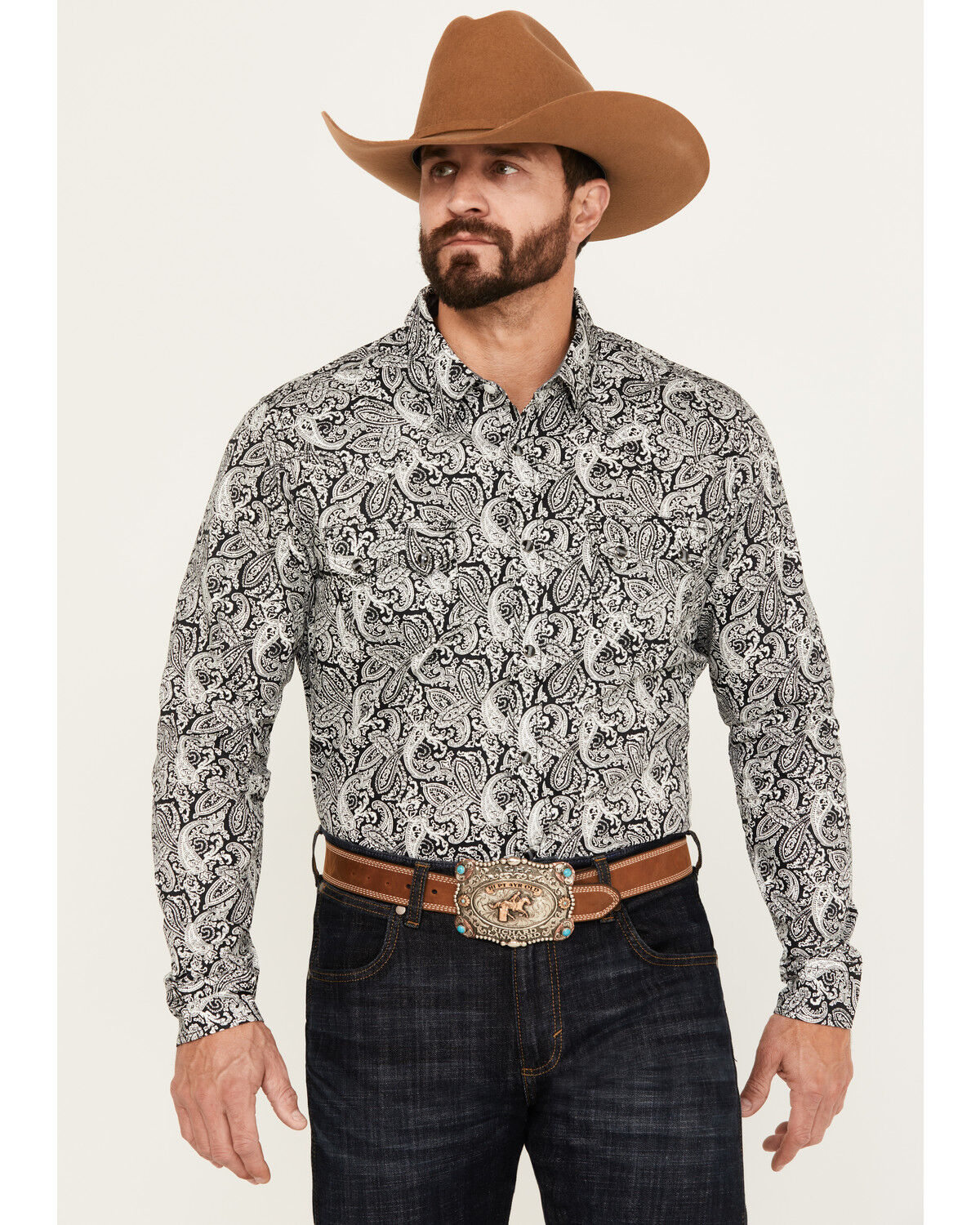 Image #1 - Cody James Men's Mamba Paisley Print Long Sleeve Western Snap Shirt - Tall, Black, hi-res