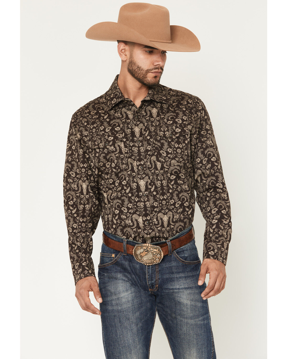 Image #1 - Wrangler Retro Men's Western Floral Print Long Sleeve Snap Western Shirt, Brown, hi-res