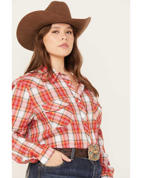 Image #2 - Roper Women's Plaid Print Long Sleeve Western Pearl Snap Shirt - Plus, Orange, hi-res