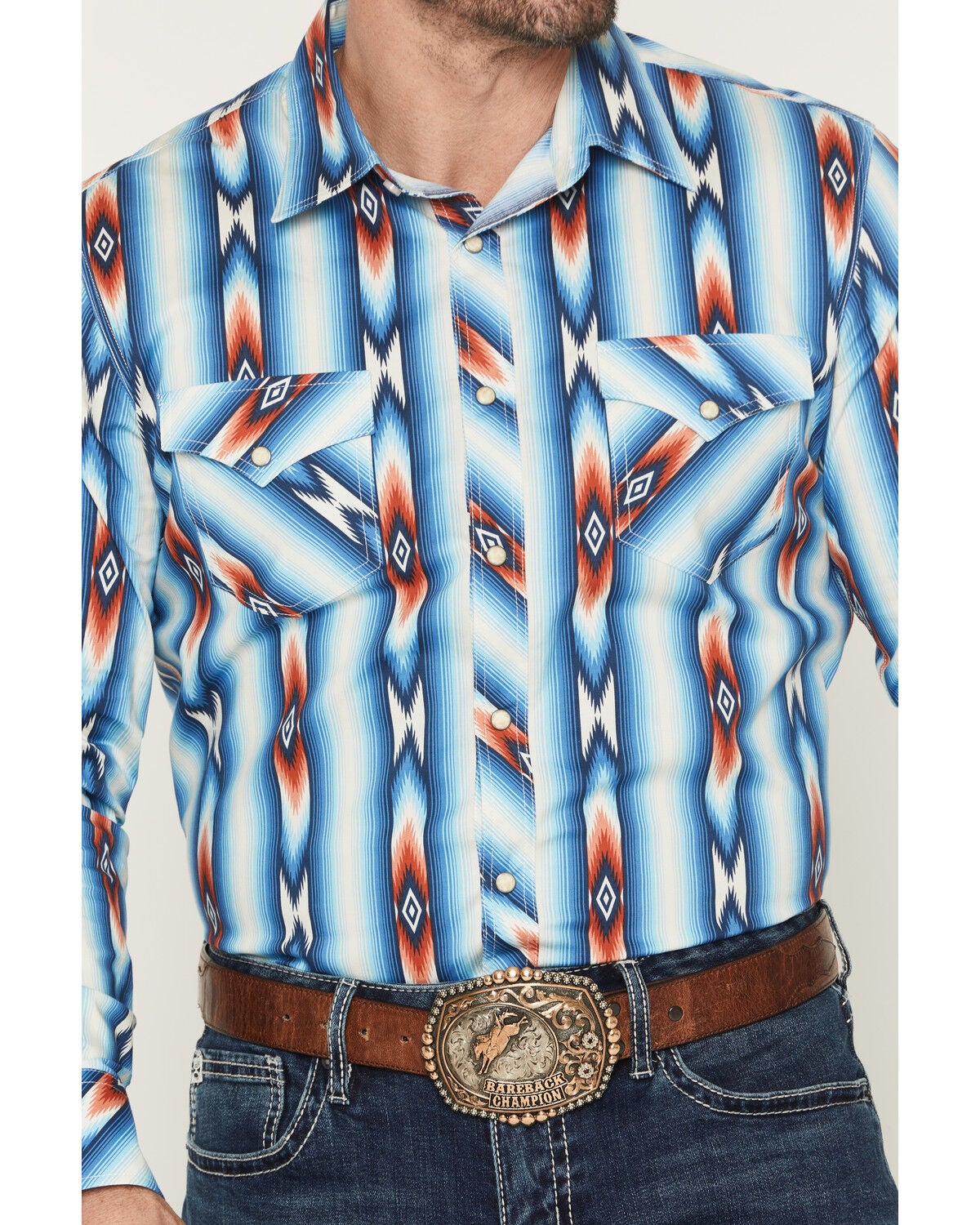 Image #3 - Rock & Roll Denim Men's Southwestern Striped Long Sleeve Snap Stretch Western Shirt, Blue, hi-res