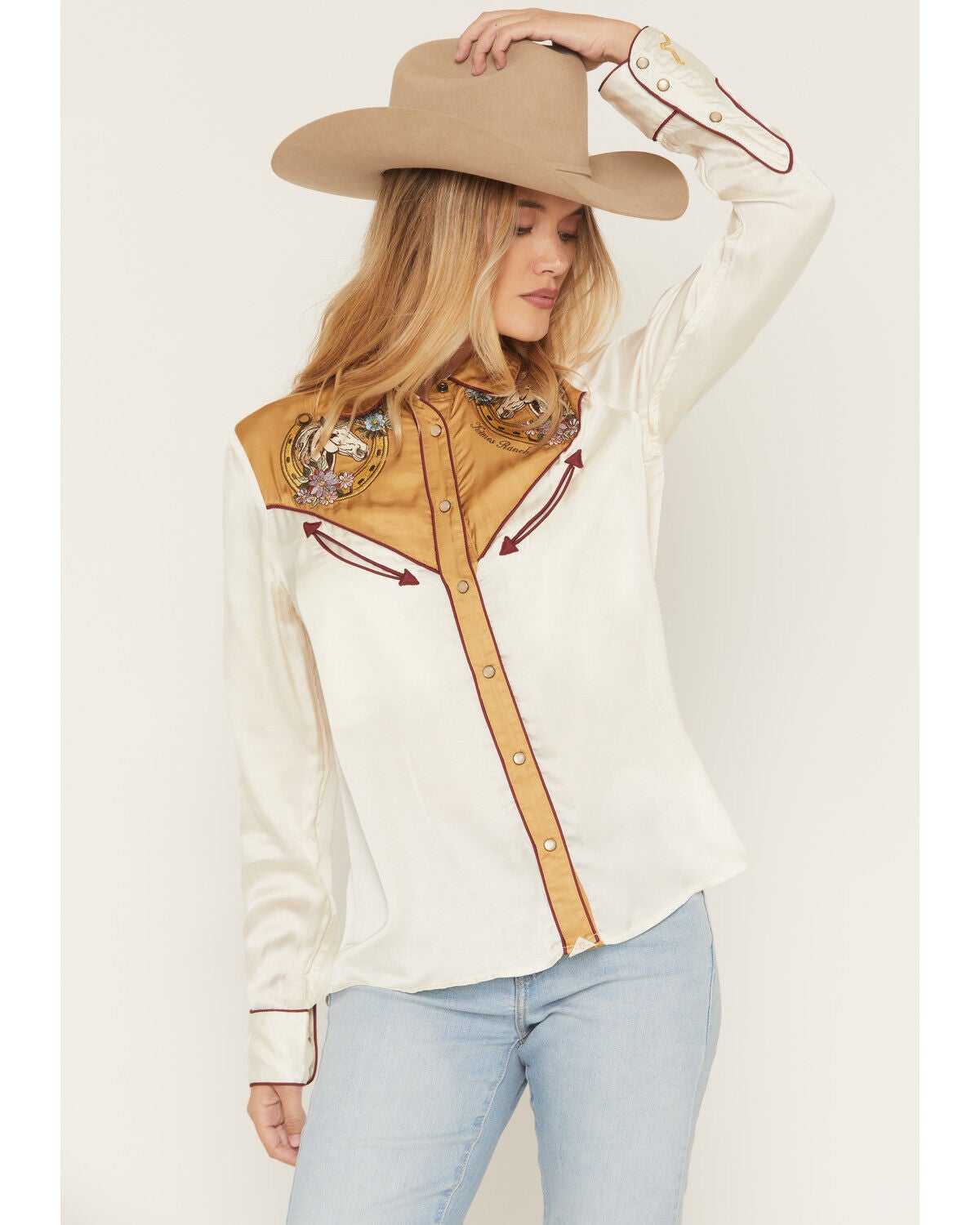 Kimes Ranch Women's Merada Western Embroidered Long Sleeve Snap Western Shirt, Gold, hi-res