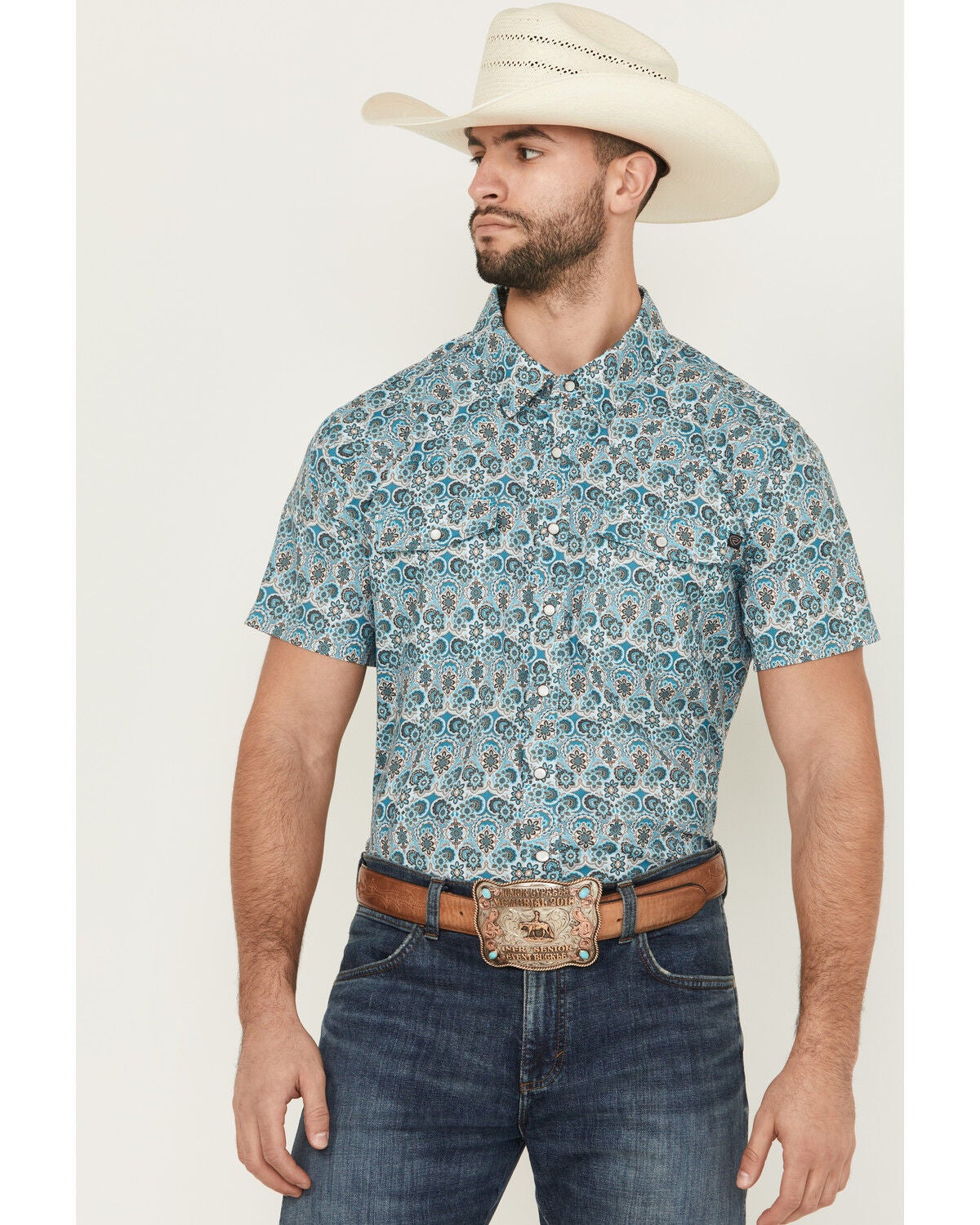 Rock & Roll Denim Men's Geo Floral Print Short Sleeve Pearl Snap Western Shirt, Teal, hi-res