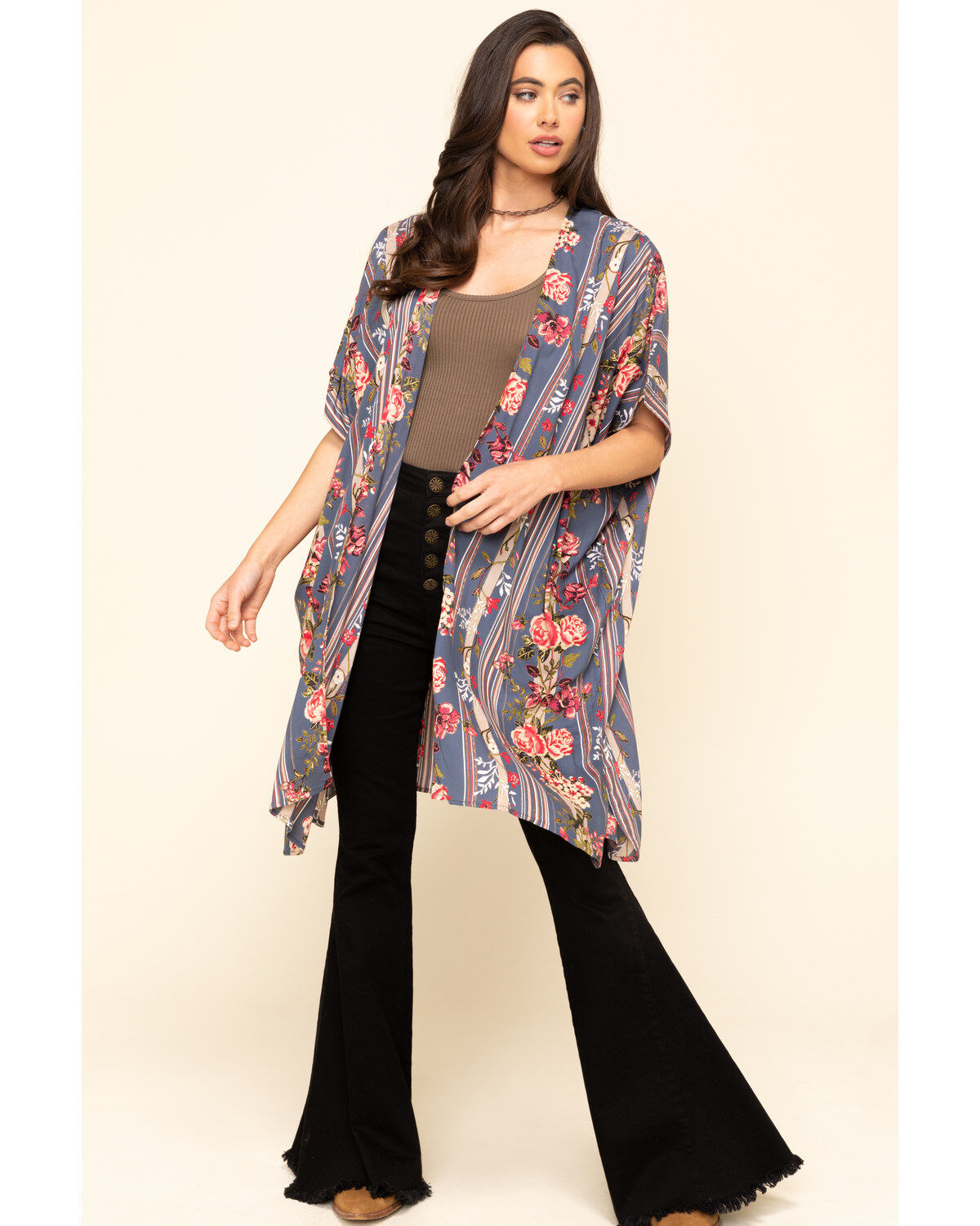 Image #6 - Angie Women's Stripe Floral Challis Kimono, , hi-res