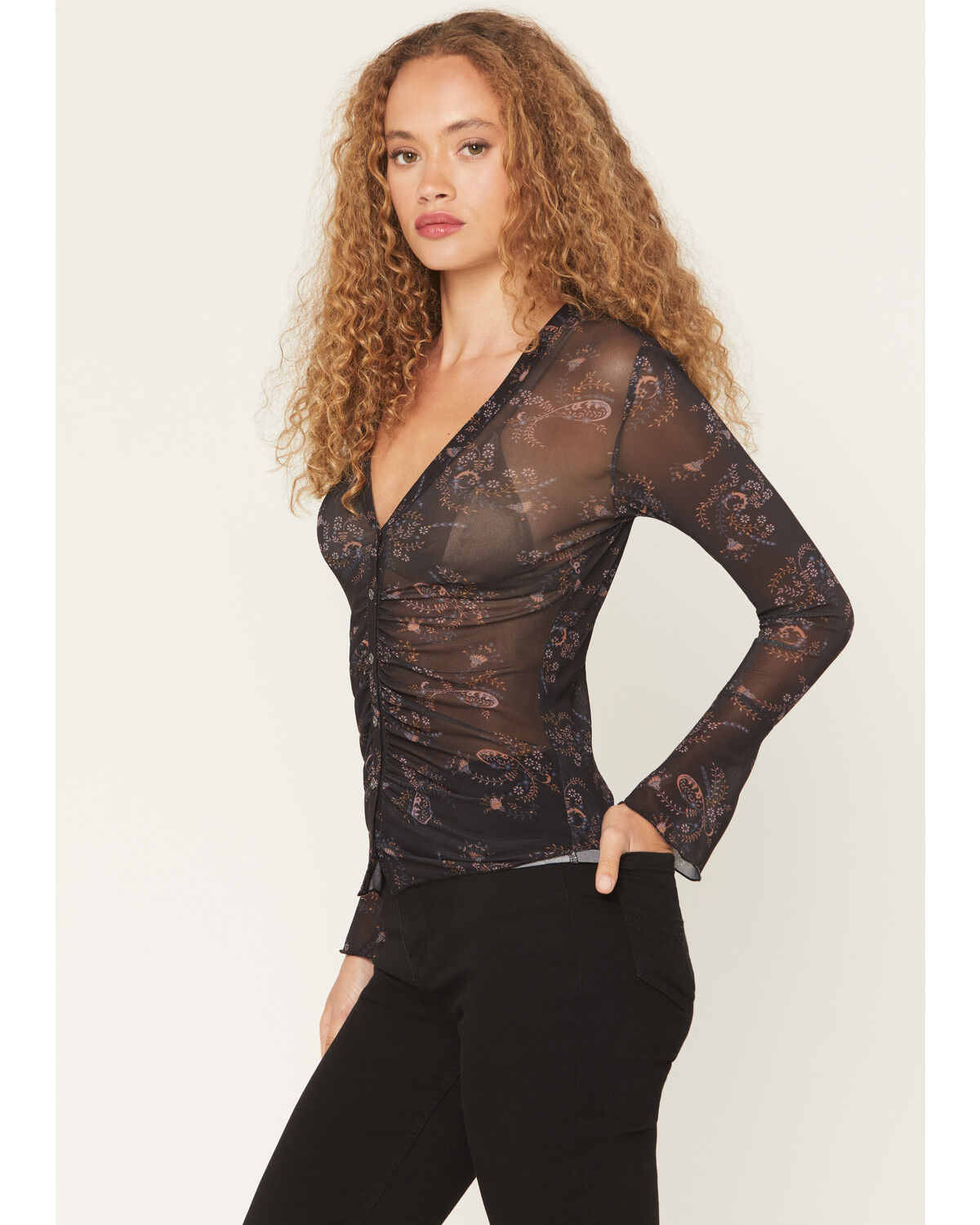 Image #2 - Idyllwind Women's Penny Paisley Print Bell Sleeve Button-Down Mesh Shirt, Black, hi-res