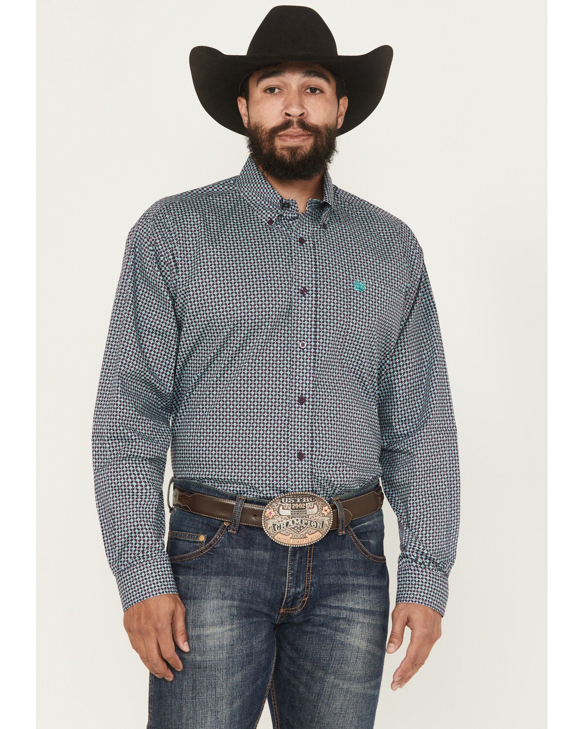 Cinch Men's Floral Geo Print Long Sleeve Button-Down Stretch Western Shirt, Purple, hi-res