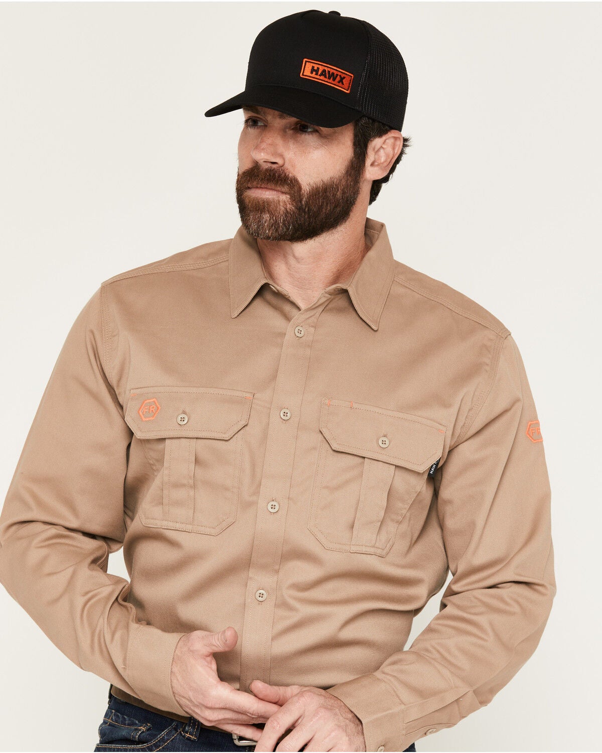 Hawx Men's FR Woven Long Sleeve Button-Down Work Shirt, Khaki, hi-res