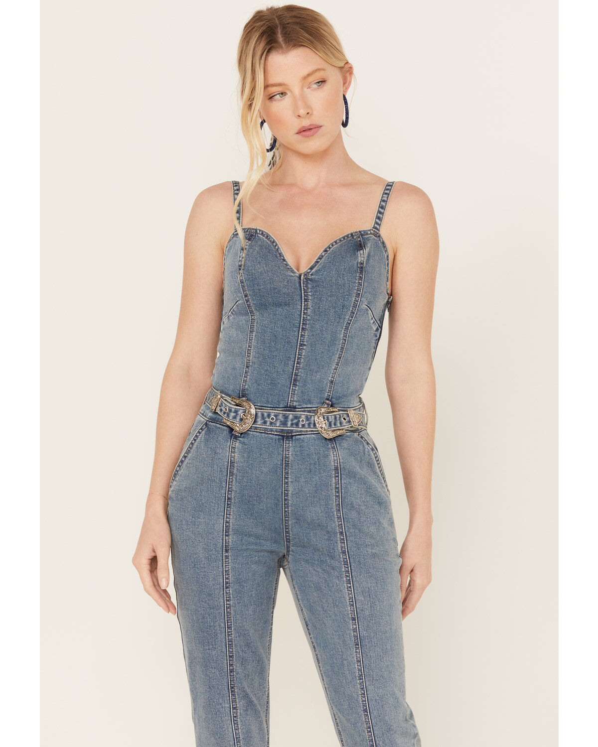 Image #3 - Rock & Roll Denim Women's Medium Wash Straight Leg Stretch Jumpsuit, Blue, hi-res