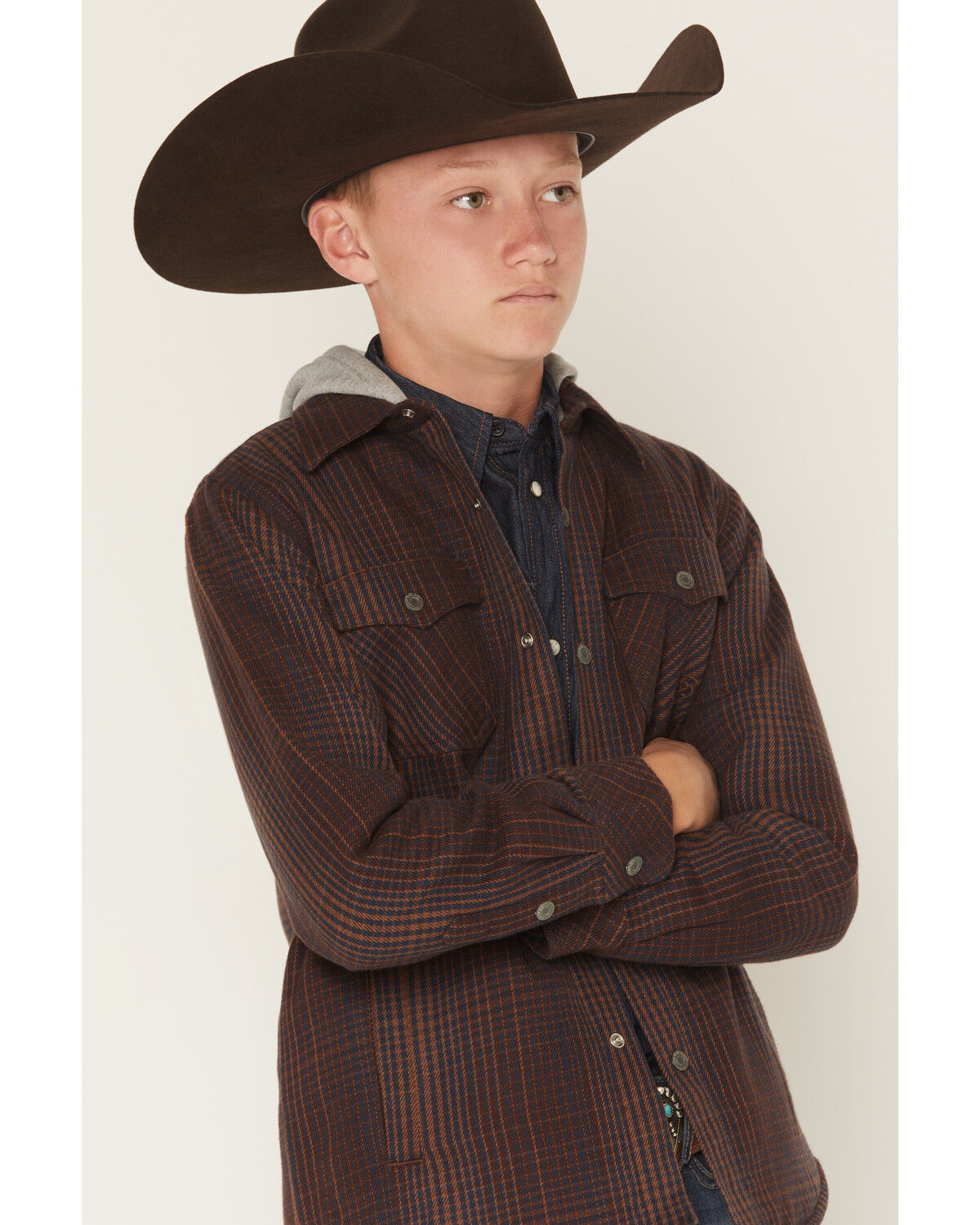 Image #2 - Ariat Boys' Retro Plaid Print Snap Shirt Jacket with Hood, Brown, hi-res
