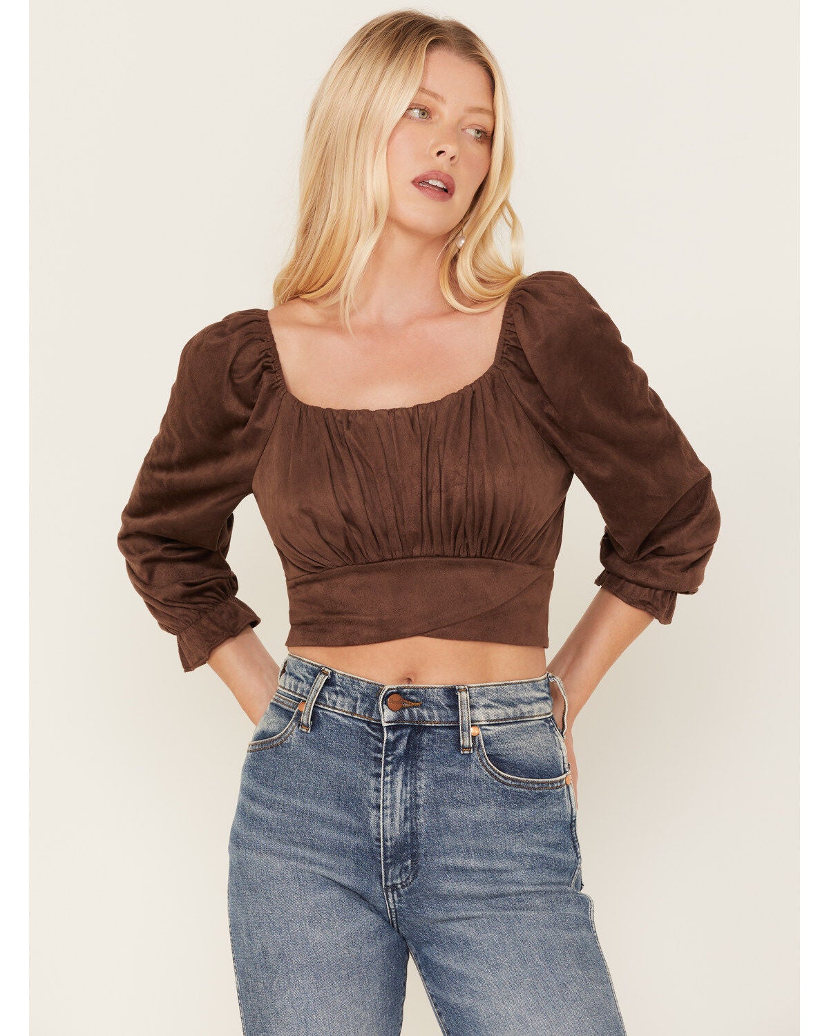 Beyond The Radar Women's Faux Suede Tie Back Crop Top, Chocolate, hi-res