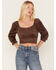 Image #1 - Beyond The Radar Women's Faux Suede Tie Back Crop Top, Chocolate, hi-res