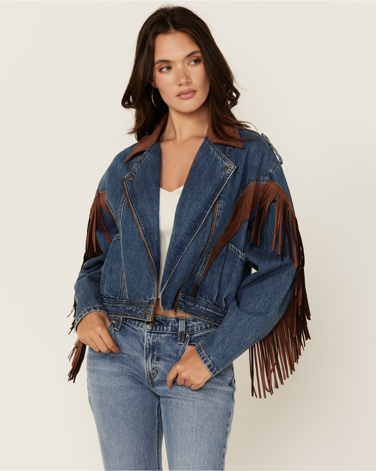 Image #1 - Rock & Roll Denim Women's Medium Wash Faux Suede Fringe Denim Jacket, , hi-res