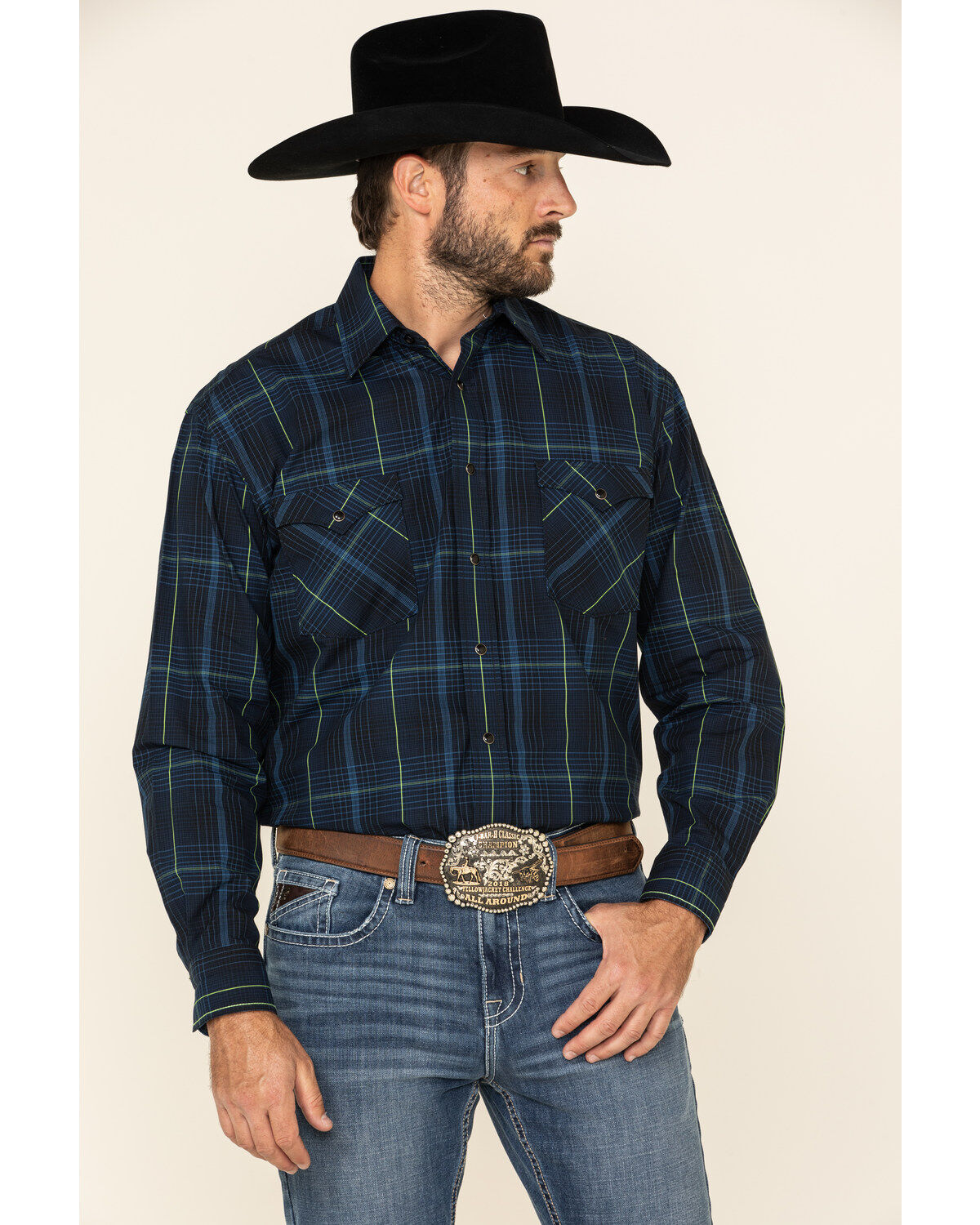 Image #1 - Rough Stock By Panhandle Men's Larkspur Ombre Plaid Print Long Sleeve Western Shirt, Black, hi-res