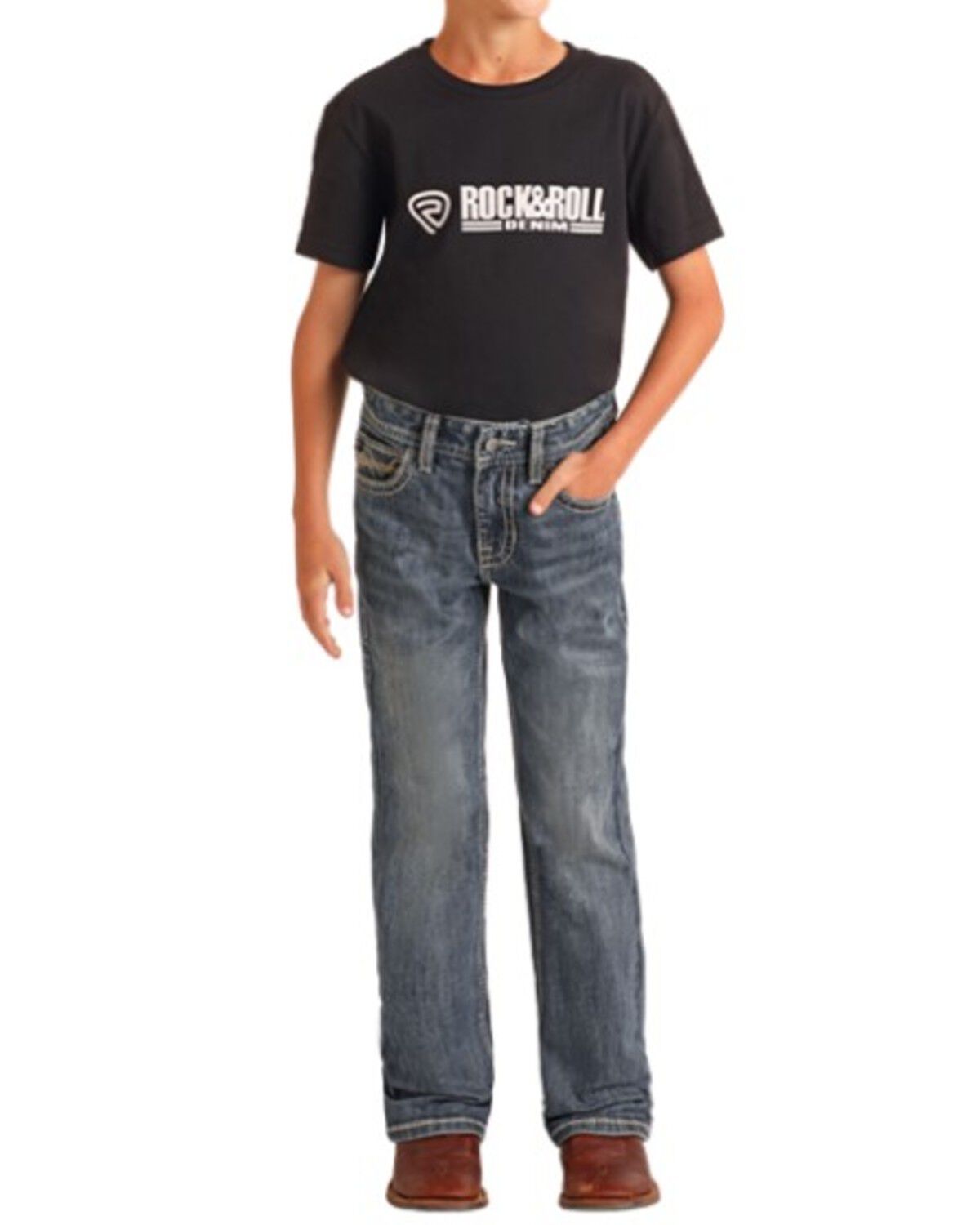 Image #2 - Rock & Roll Denim Boys' Medium Wash Stretch Bootcut Denim Jeans, Blue, hi-res